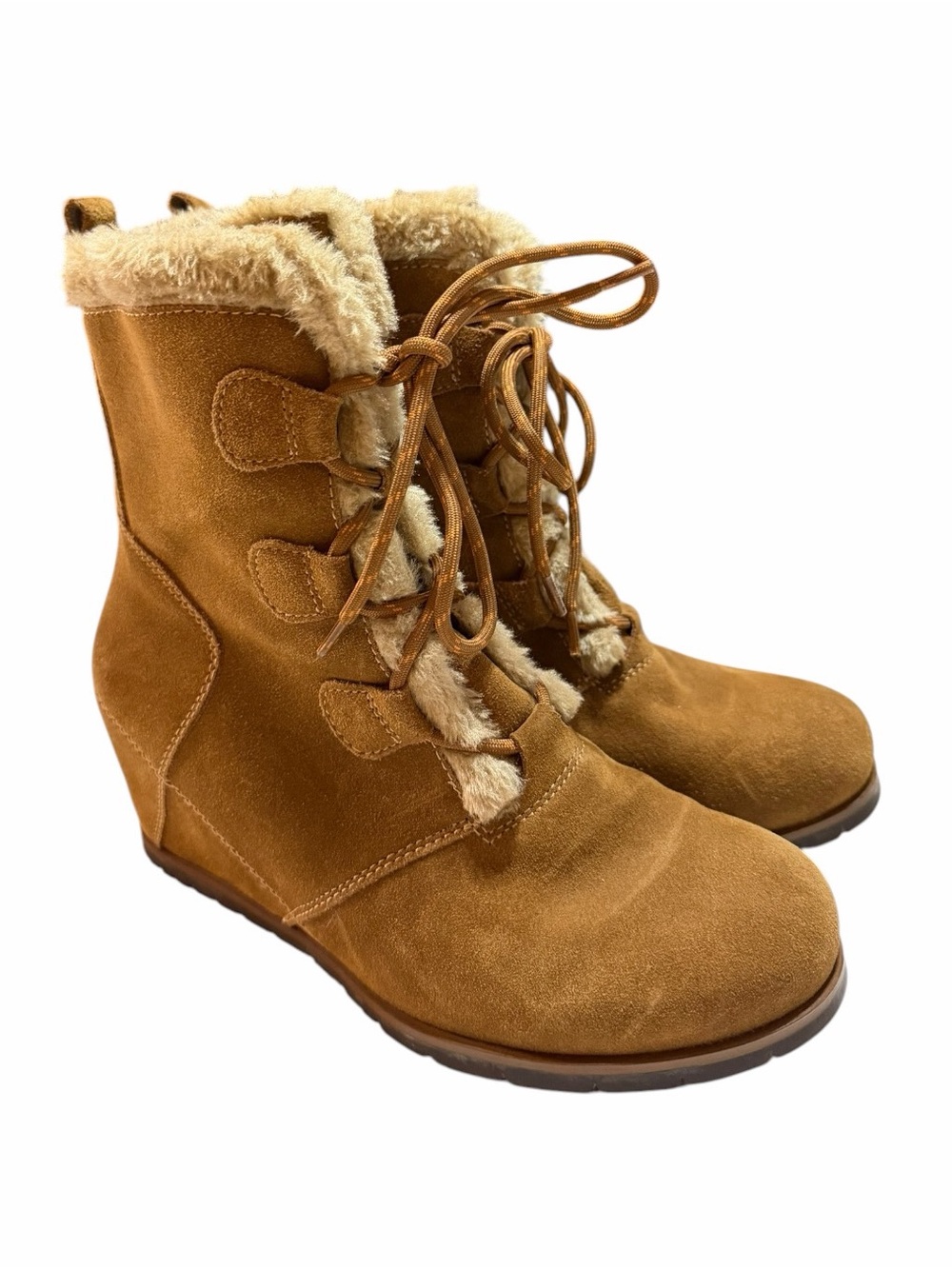 Baretraps "Bonnie" Tan Suede Faux-Fur Wedge Boots Size 7.5 - Picture 3 of 9